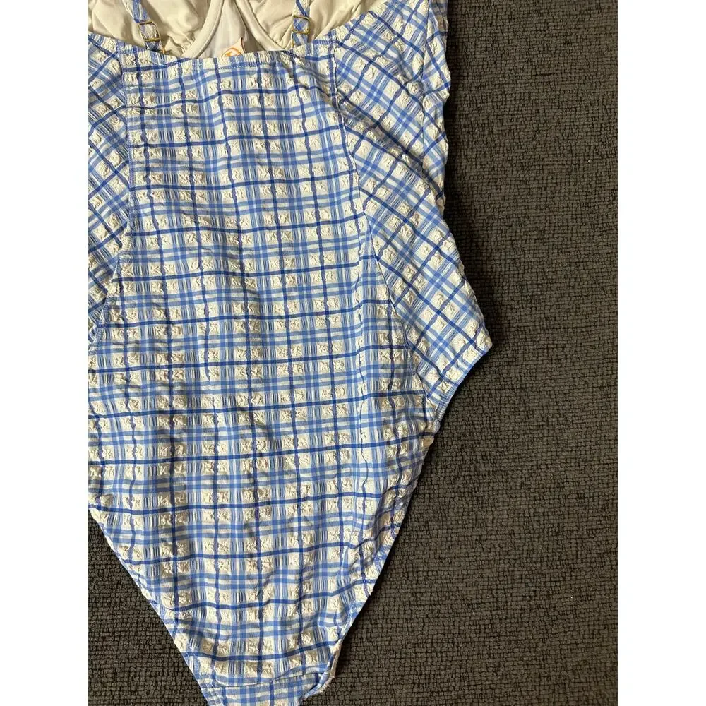 Tory Burch Check Plaid Gingham Swimsuit size M Underwire Blue White Seersucker